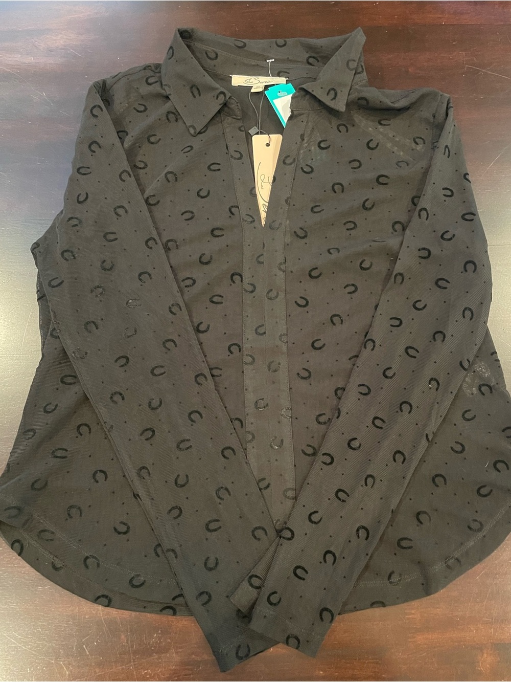 Black Button-Down Shirt with Tonal Horseshoe Pattern